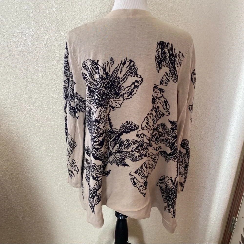 J Jill Missy Sweater Cardigan 100% Cotton Floral Tan Black Open Front Tight Knit